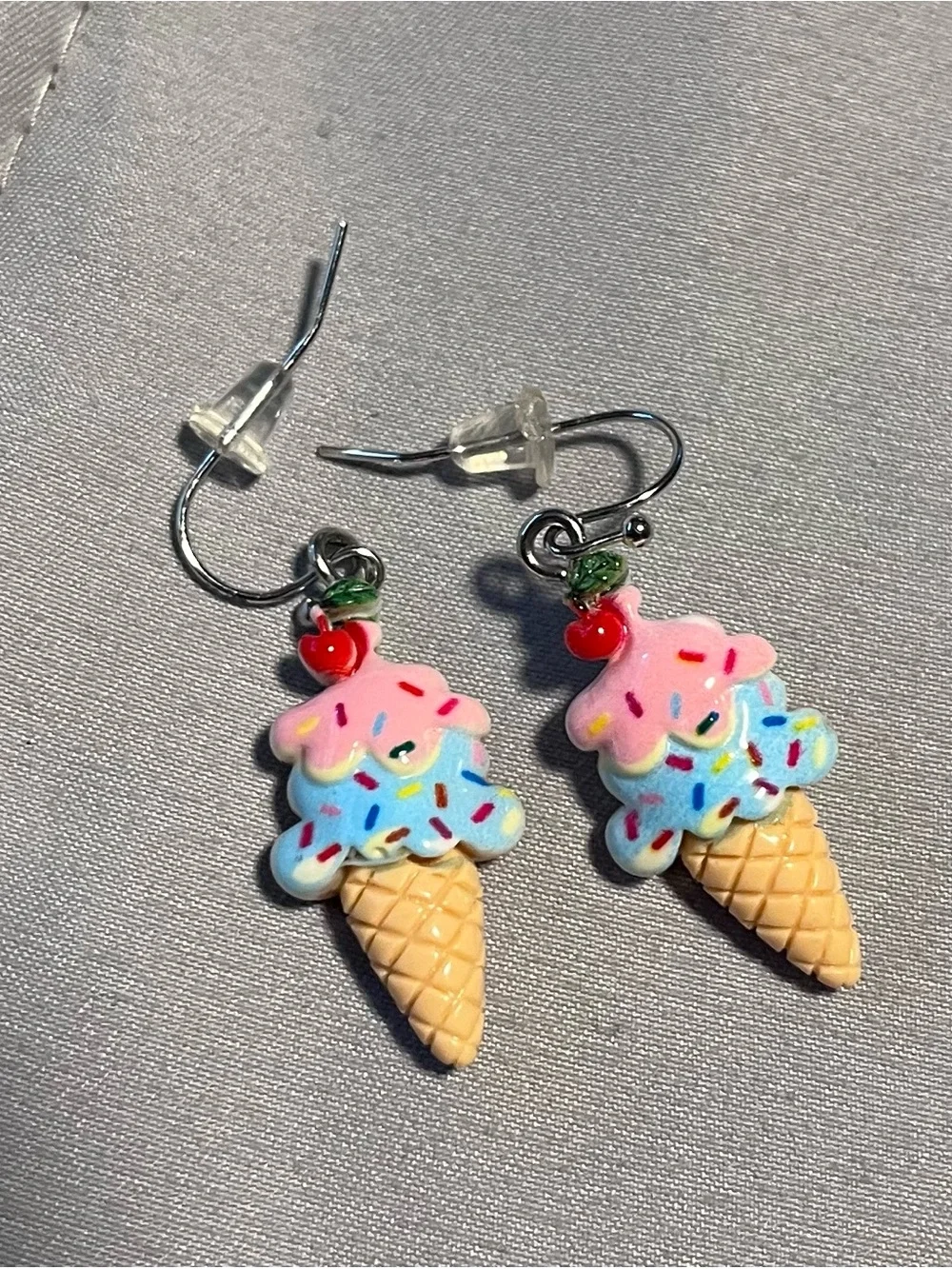 Cute Summer Ice Cream Cone Dangle Earrings - Pink & Blue with fish hook